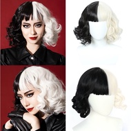 CRUELLA De Vil Cosplay Wig Black White Synthetic Short Wavy Wigs With Bangs For Women Heat Resistant
