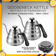 Gooseneck Kettle with Thermometer, 304 grade stainless steel, Bundle with Mini Electric Stove 500W G