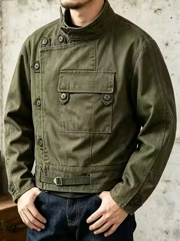 Swedish Motorcycle Jacket, Men's Retro Military Green Casual Cropped Jacket, 100% Cotton Canvas Work