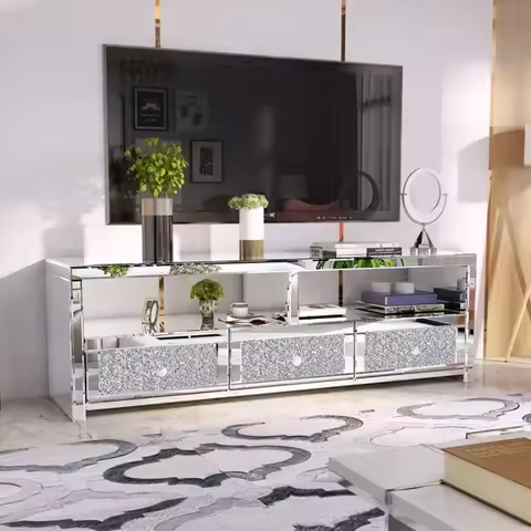 Modern 3 Drawer Mirrored Crystal TV Stand Silver TV Console Table Tv Cabinet For Living Room Hotel F