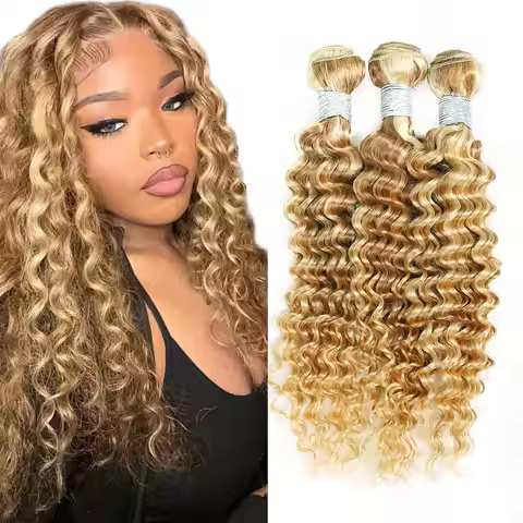 Highlight P27/613 Deep Wave Bundles Honey Blonde Human Hair Bundles 8 -30 Inch Deep Curly 1 3 4 Pcs 