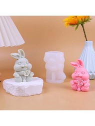1個硅膠模具,可用於diy芳香蠟燭,可愛兔子和玫瑰花造型,適用於烘焙、烤蛋糕和裝飾工具