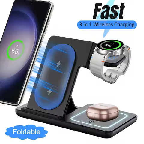 LED Wireless Charger Foldable Phone Stand For Samsung S25 S24 S23 Galaxy Watch 2-8 Active 2 Buds Pro