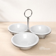 3pc Serving Bowl Set with Rack White Ceramic Snack Server for Dips Nuts and Condiments