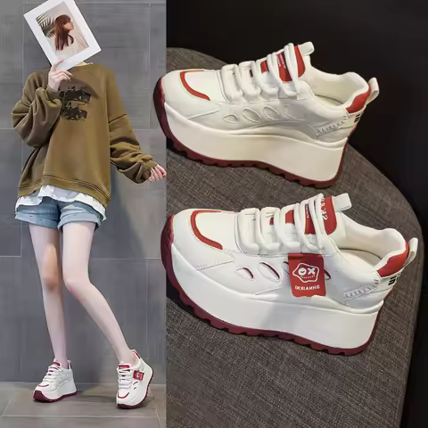 Womens White Red Color Block Platform Chunky Heel Sneakers Cartoon Logo Breathable Lace Up Casual Da