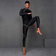 (Rashguards + กางเกง) เสื้อแขนยาวผู้ชาย Rash ชุดว่ายน้ำการ์ดยาวกางเกงว่ายน้ำชุดว่ายน้ำดำน้ำชุดว่ายน้ำดำน้ำครีมกันแดดป้องกัน UV แมงกะพรุนท่อง Beachwear(Black Lycra สีเทาด้าย)