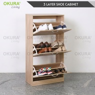 OKURA 3 Doors Wooden Shoe Cabinet /  3-Drawer Shoe Storage Unit / 3 Tier Shoe Cabinet / Rak Kasut