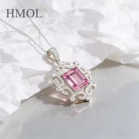 White Gold Emerald Cut Necklace with Lab Grown Columbia Emerald Ruby Sapphire Padparadscha Fine Jewe