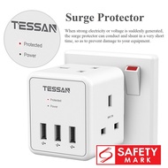 [SG Safety Mark] TESSAN Socket Extension Multi Plug Surge Protector Cube Power Strip with 2 Outlet Extender and 3 USB Ports ,3 Pin UK Plug 3250W Wall Charger 13A Multi Plug Adapter for Office Home