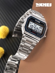 SKMEI 1入組女士銀色不銹鋼錶帶時尚日期日曆防水水鑽裝飾幾何錶盤數字手錶，適合日常裝飾