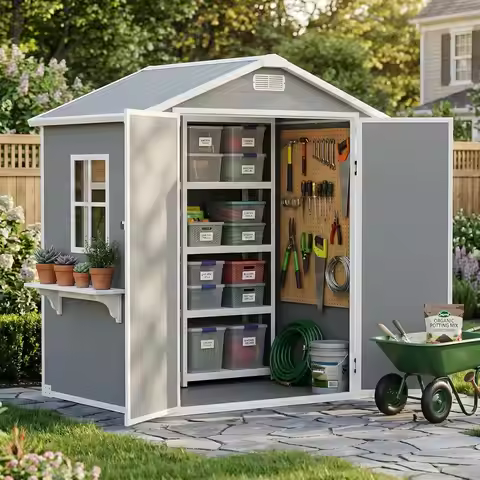 6x4 Ft Outdoor Storage Shed Resin Garden House With Floor Window Vent Rainwater Drainage Lockable Do