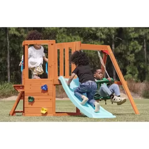 5-in-1 Wooden Toddler Swing Set for Backyard, Playground Sets for Backyards with Baby Swing, Table, 