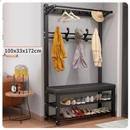 全城熱賣 - 落地衣架鞋櫃鞋凳一體組合【100CM衣帽架+鞋凳【黑架-黑皮】（尺寸：100*33*172CM）#