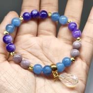 Gelang Agate Ungu Aquamarine Gantung Kristal Putih Free Kotak