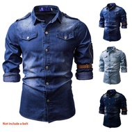Simts Jeans Shirt for Men Washed Denim Shirt Mens Long Sleeve Fake pockets Epaulette design Blouse M