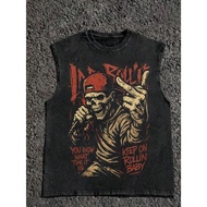Vintage Rapper Skull Singer Rock Printed Vintage Washed Vest, Rock Guy Print Fashionable Fitness