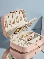 1入組珠寶盒旅行收納盒，適用於戒指、耳環、項鍊、手鍊、手錶等，黃金唇膏盒化妝品盒裝配件，女士女孩專用，緊湊便攜PU皮套，大容量，韓國風格