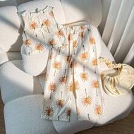 Young Girl Apricot Palm Tree Print Backless Bow Sleeveless Top And Wide Leg Pants Casual Vacation 2-