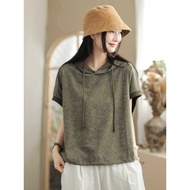 Hooded T-shirt for Women Cafe Short-Sleeved Women Literary Retro Hooded All-Match Loose Stitching Fa
