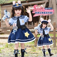 Girls Zootopia Judy Hopps Police Uniform Cosplay Dress, Light Blue & Navy Sailor Style with Plush Ju