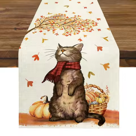 Fall Cat With Leaves Table Runner, Holiday Decor, Pumpkin Table Runner, Seasonal Table Runner, Farmh