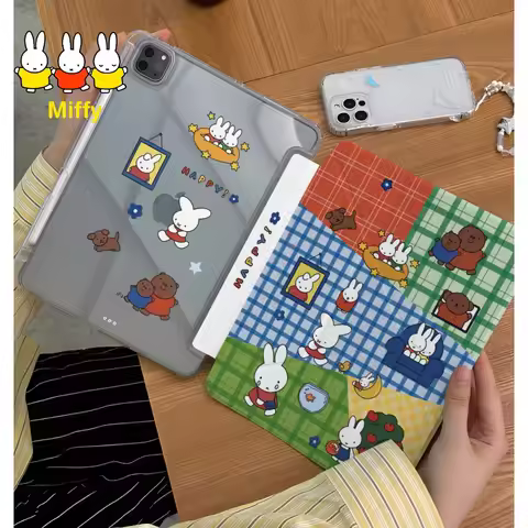 Kawaii Miffy Rabbit Tablet Case Blue and Green Checkered Miffy IPad 7 8 9 10 Case IPad Air 4 5 6 7 I