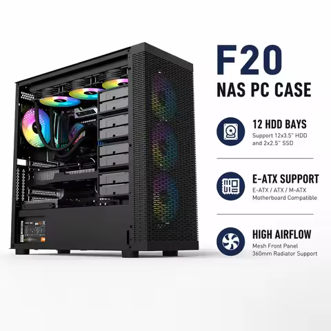 F20 E-ATX PC Case 12 Bay HDD NAS Chassis ATX M-ATX Computer Case Support 400mm GPU 360mm Water Cooli