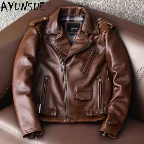AYUNSUE Genuine Cow Leather Jacket Men Clothing Motorcycle Sheepskin Coat Autumn Spring Brown Biker