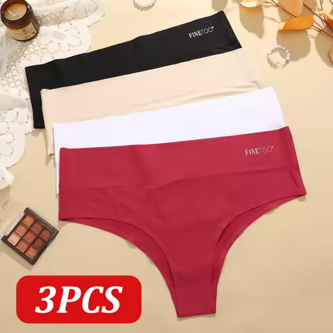 FINETOO 3Pcs/Set Traceless High Waist Panties For Women Solid Color Plus Size Breathable Bikini Unde