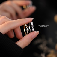 S999 Solid Silver Ring with Sparkling Star Point Zircon, Luxe Elegant Unique Hollow Adjustable Ring 