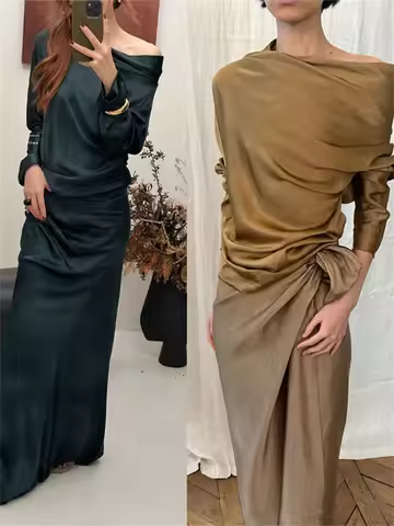 Women Glossy Satin Pleated T-Shirt Sloping Shoulder Silky Smooth Off Shoulder Long Sleeve Lady Irreg