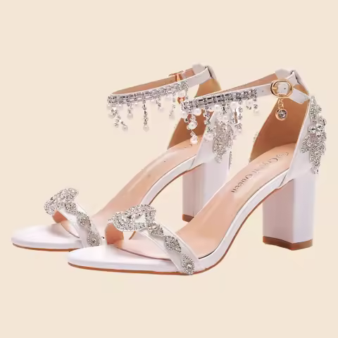 7cm Square Heel Shoes 7cm Thick Square Heel Bridal Wedding Shoes White Rhinestone Tassel Comfortable