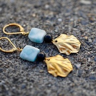 雙魚生日||拉利瑪||海紋石/海洋之石黃銅扇貝造型耳環/可改夾式