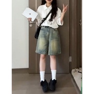 Retro High Waist Five-Point Denim Shorts Women Summer Thin Loose Straight Leg Wide Pants 5 Minutes M