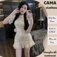 Women's dress, women's lace dress short sleeve bodycon 3p neck, super luxurious pleated skirt Cama C