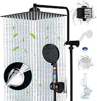 10 Inch Shower Head Black Shower Head with Handheld Dual Filter for Hard Water Rainfall Showerhead with 10 Setting Handheld Built-in 2 Power Wash with 12" Extension Arm + Extra Replacement Cartridges