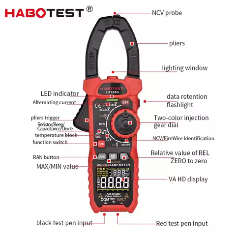 HABOTEST HT208D Digital Clamp Meter AC/DC True RMS Multimeter Automatic Range Tester Current Clamp M