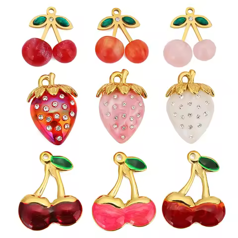 2pcs Stainless Steel 3D Zircon Enamel Fruits Charm Cherry Strawberry Pendant DIY Earring Necklace Lu