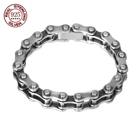 100% S925 Sterling Silver Punk Bicycle Chain Bracelet Punk S925 Silver Jewelry Certified Never Fade 