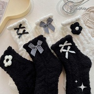 ISTANU Fuzzy Socks, White Black Warm Women's Socks, Flower Bowknot Fleece Fluffy Socks