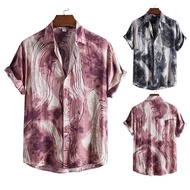 Men's Tie-dye Loose Casual Short Sleeve Shirt Button Up Ink Printed Polo Shirt Plus Size Black Grey\ Red Pink90341 SG.