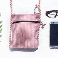 手工編織布手機套 收納袋 票夾 悠遊卡套 側背包-粉紅色條紋色彩