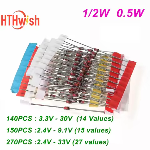 140-270PCS High-Quality 1/2W Diode Assortment Pack 0.5W Zener Diode Voltage Regulator Diode kit 3.3V