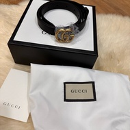全新*GUCCI 皮帶/古銅金雙G/女生基本款皮帶/復古金屬/黑色牛皮帶