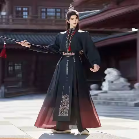 Hanfu Dress Men's Traditional Embroidery Cross Collar Costume Vintage Mall Carnival Stage Dance Phot