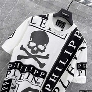 Áo thun nam và nữ Philipp Plein PP với logo họa tiết đầu lâu in 3D vải cotton poly dày có cổ phong c