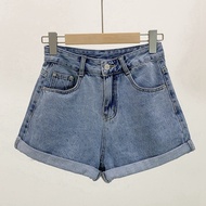 Korean New Arrival - High-Waist A-Line Slim Casual Cotton Denim Shorts with Cuffed Hem