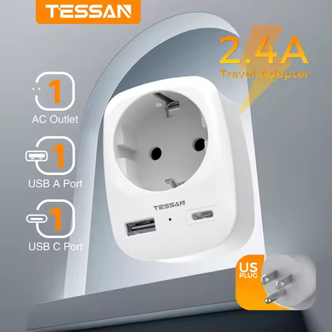 TESSAN Travel Adapter USA Adapter America Europe Plug with USB C 3A Socket Adapter Travel Plug Power