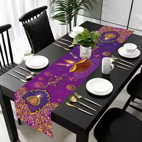 Happy Diwali Linen Table Runner Holiday Party Decor Reusable Kitchen Dining Table Runner India Diwal