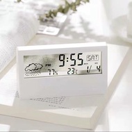 简约妮卡温湿度计室内家用高精度LCD时钟电子台钟简约温湿度计天气预报计 白色透明款